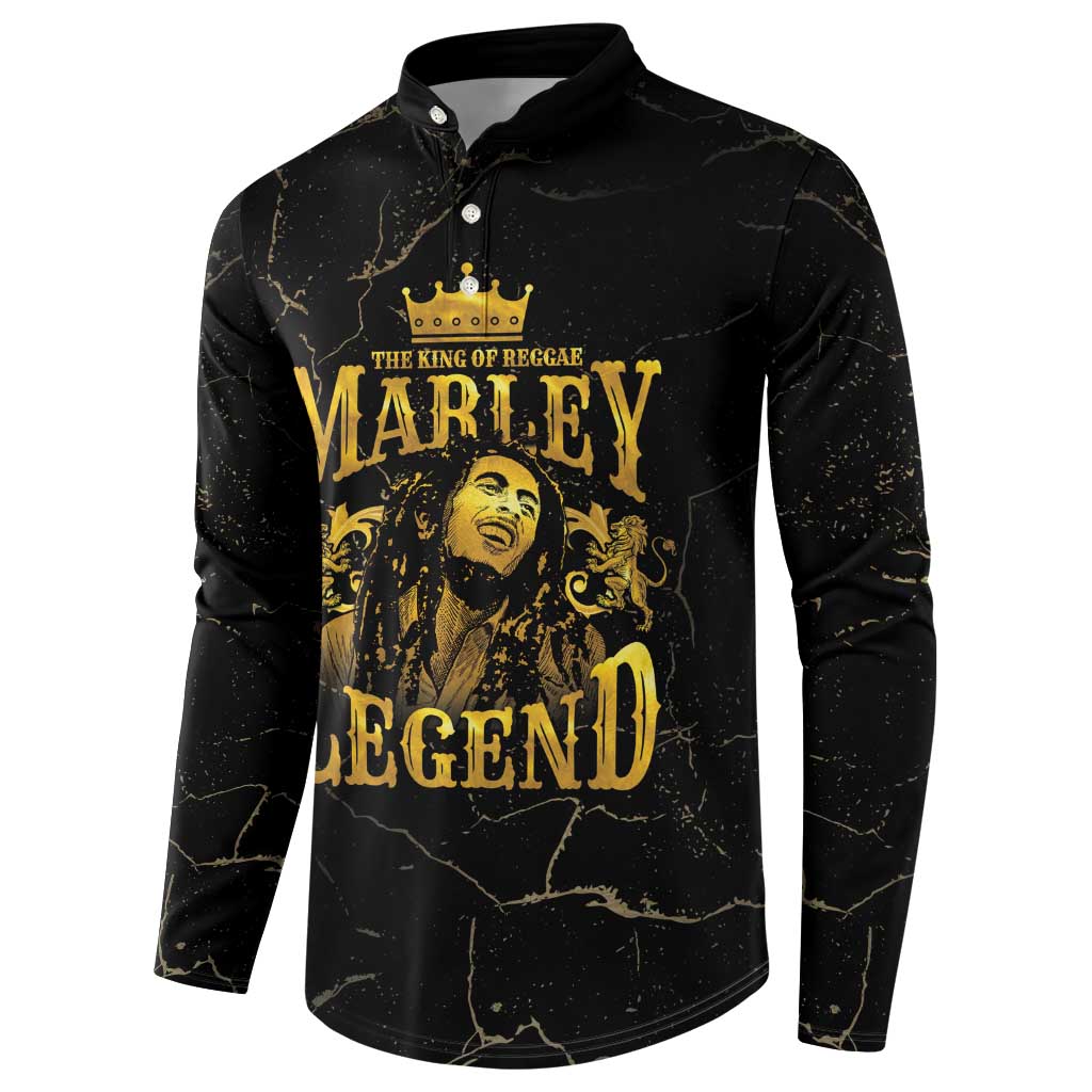 Black long-sleeve button sweatshirt featuring centered gold portrait and text