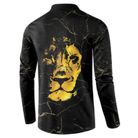 Black long-sleeve button sweatshirt with gold portrait graphic on the back