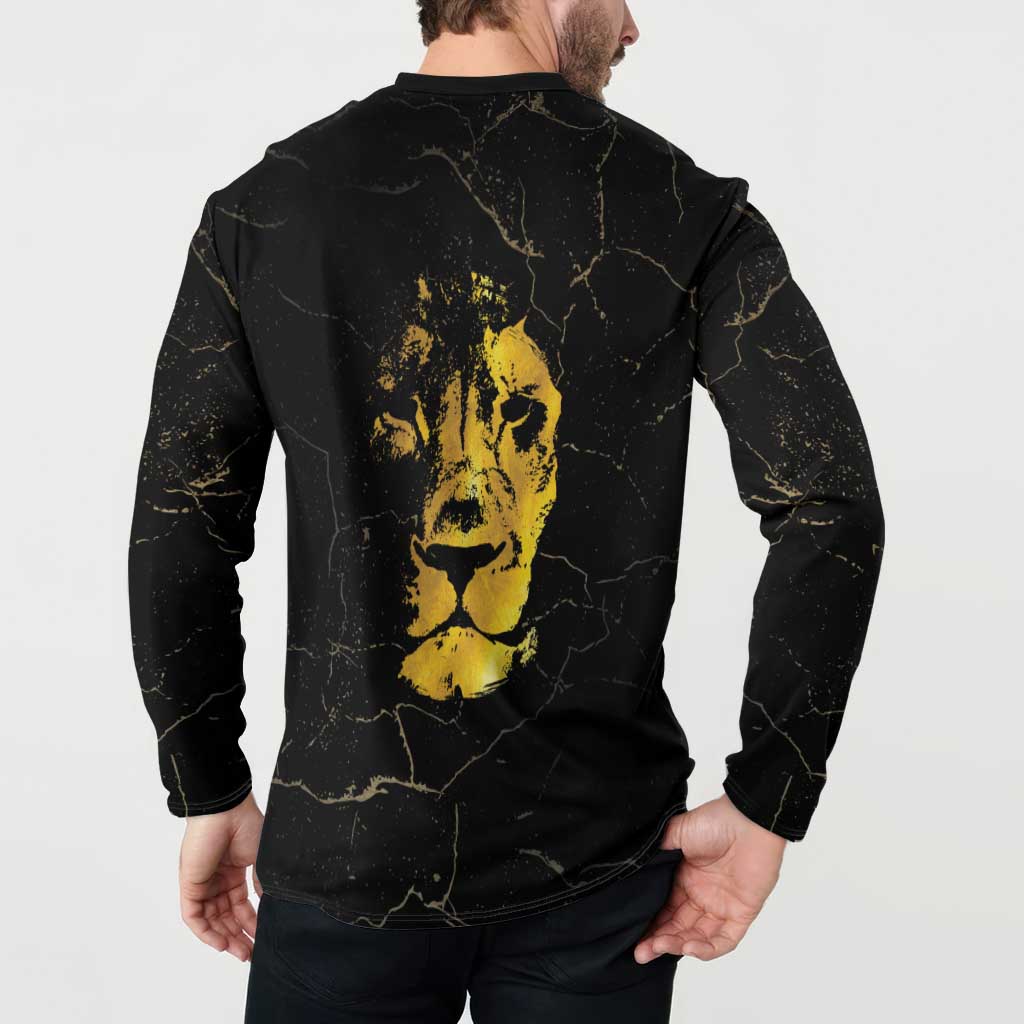 Black long-sleeve button sweatshirt with gold back portrait graphic, model view