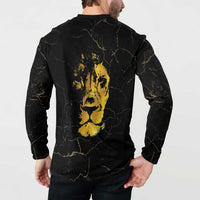 Black long-sleeve button sweatshirt with gold back portrait graphic, model view