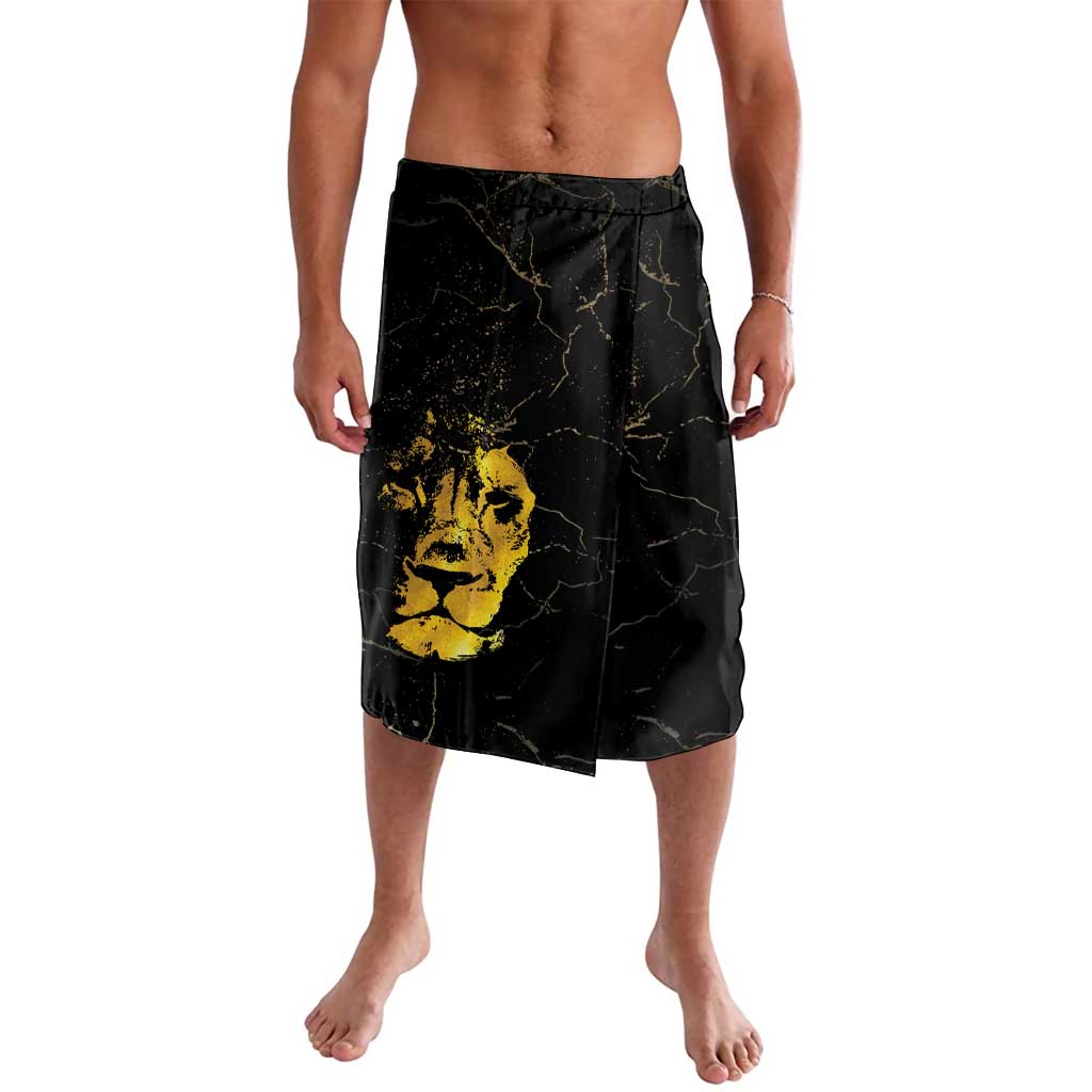 Black sarong shorts with gold lion face and abstract vein pattern, front view