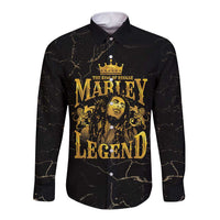 Unisex long-sleeve button shirt in black with gold lion-and-portrait graphic