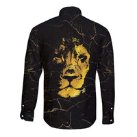 Unisex long-sleeve button shirt back view, black with large gold portrait graphic