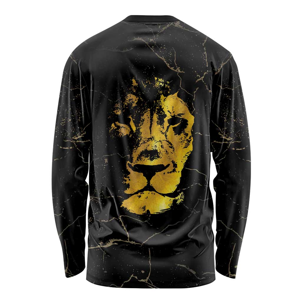 Unisex long-sleeve shirt with gold Marley portrait on the back, speckled black print