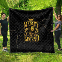 Black quilt featuring gold “MARLEY LEGEND” portrait in center, quilted diamond pattern