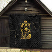 Black quilt on wall display with centered gold “MARLEY LEGEND” artwork and quilting