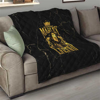 Black quilt throw blanket with gold “MARLEY LEGEND” portrait on a diamond-quilt background