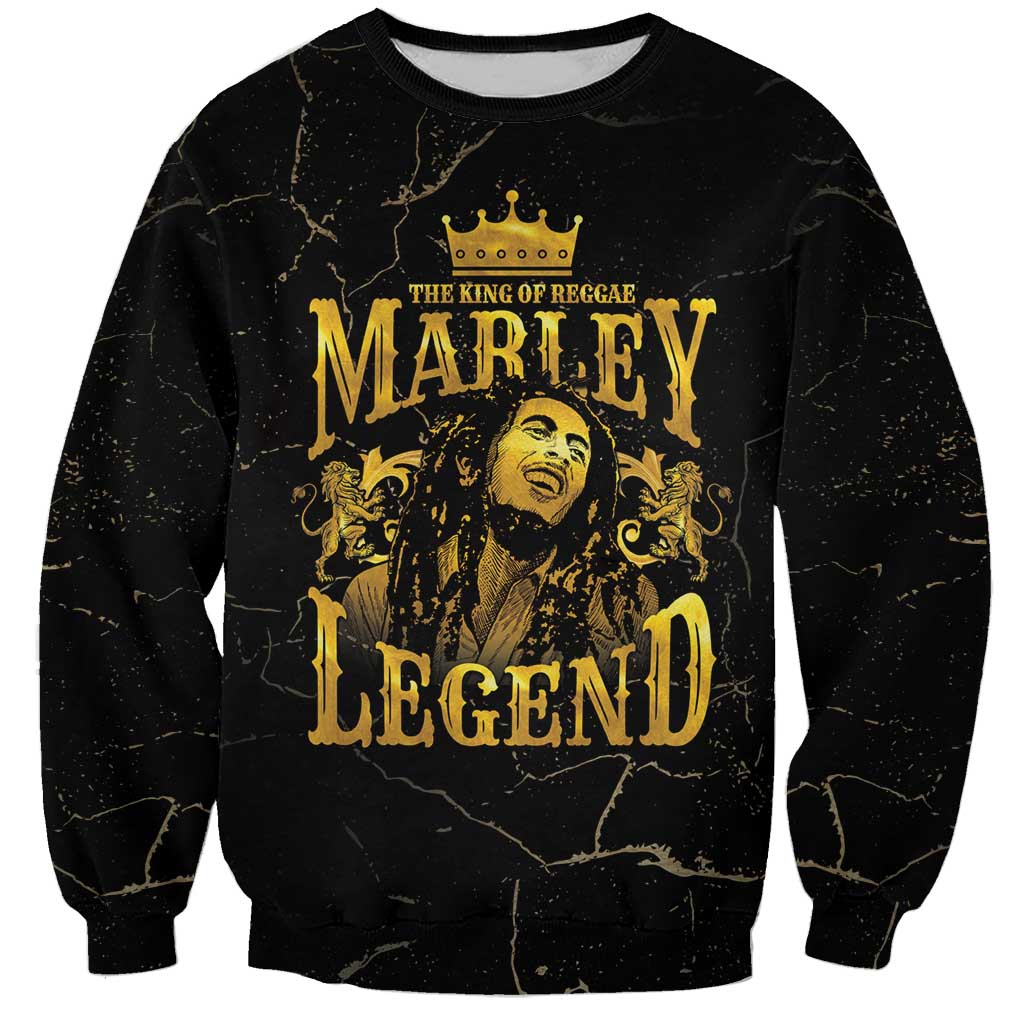 Unisex black sweatshirt with gold Marley Legend front graphic