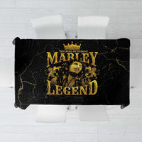 Black tablecloth with gold Marley “Legend” graphic, rectangular with draped edges