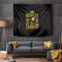 Black tapestry with gold Marley Legend graphic, crown and lion motif