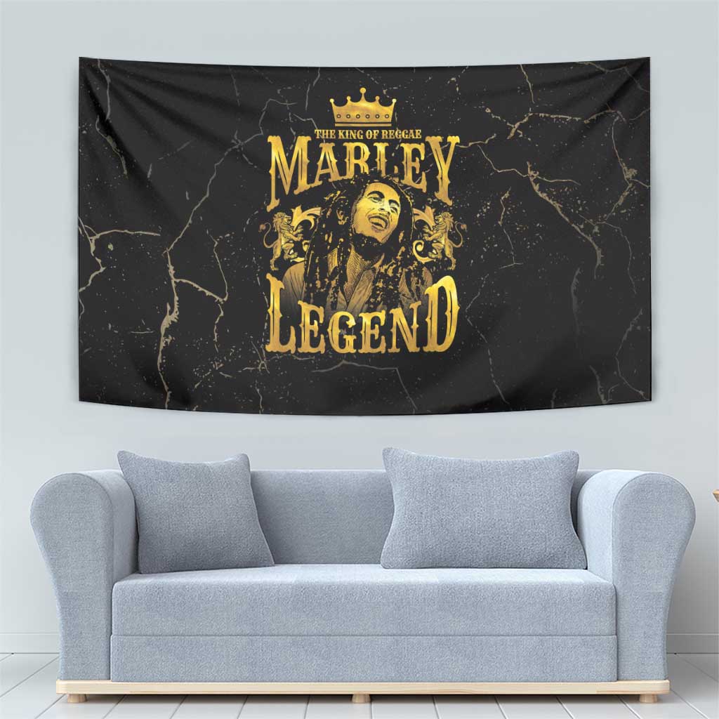 Black rectangular tapestry featuring gold Marley Legend artwork