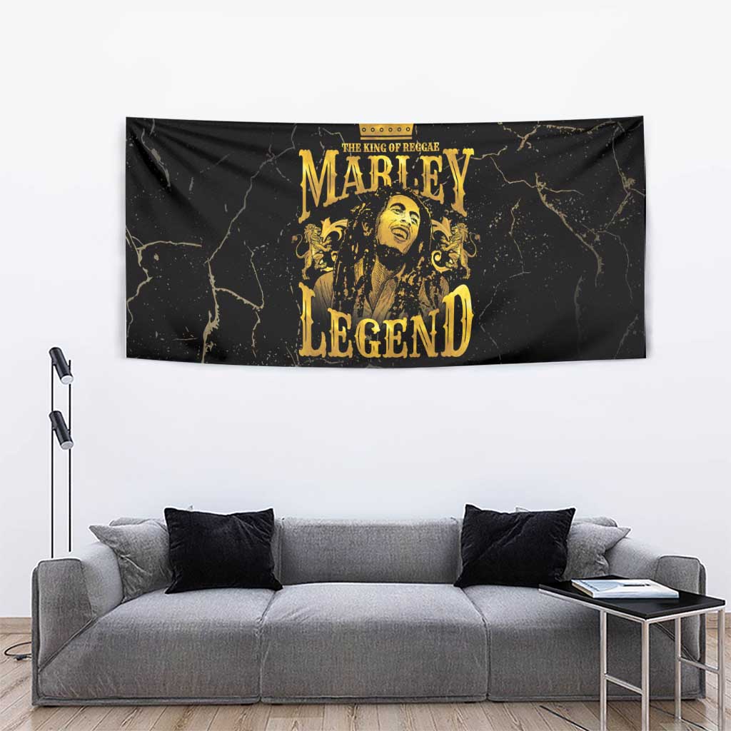 Black tapestry with gold Marley Legend design at center