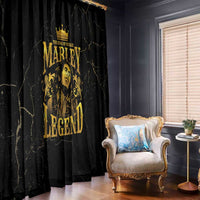 Black window curtain with gold Marley-style portrait and bold “LEGEND” lettering