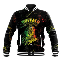 Unisex black baseball jacket with Buffalo Soldiers and Bob Marley front graphic, button front