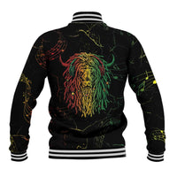 Unisex black baseball jacket with large back dreadlock face graphic, striped collar and cuffs
