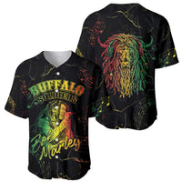 Black baseball jersey showing front and back views with lion and Buffalo Soldiers graphics
