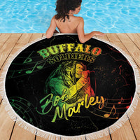 Round black beach blanket with white fringe, Buffalo Soldier reggae performer design