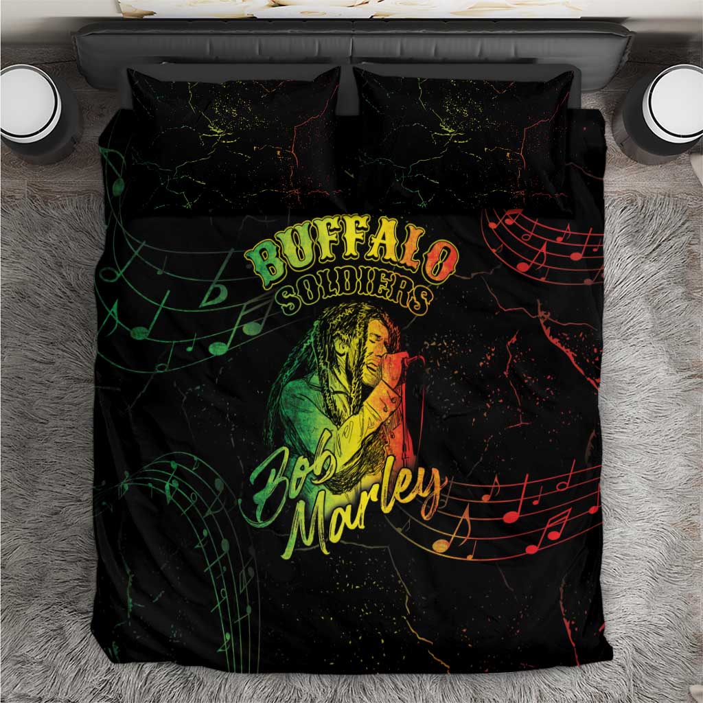 Black bedding set: duvet and pillows with green “Buffalo Soldiers” and Bob Marley art