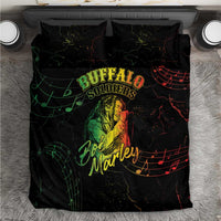 Black bedding set: duvet and pillows with green “Buffalo Soldiers” and Bob Marley art