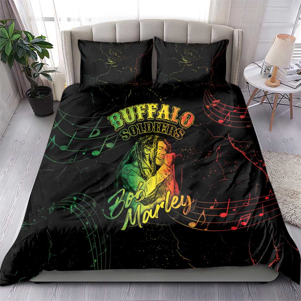 Black bedding set with duvet and two pillows, green “Buffalo Soldiers” logo and Bob Marley