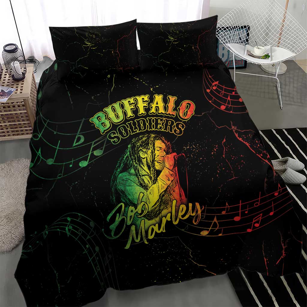 Black bedding set with duvet and two pillows featuring green “Buffalo Soldiers” and Bob Marley