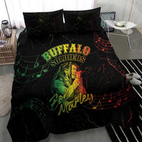 Black bedding set with duvet and two pillows featuring green “Buffalo Soldiers” and Bob Marley