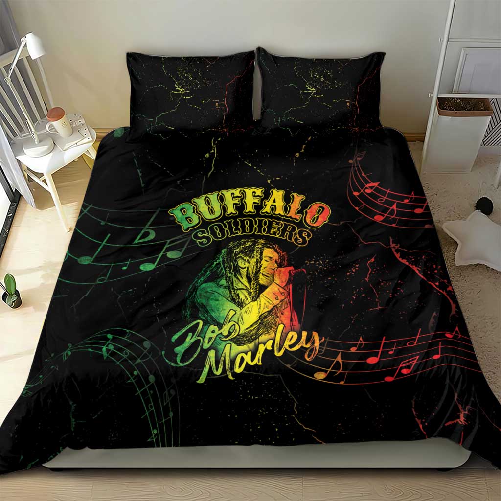 Black bedding set with duvet and two pillows, green “Buffalo Soldiers” text and Bob Marley