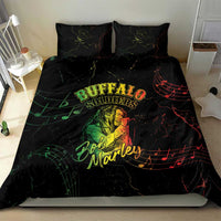 Black bedding set with duvet and two pillows, green “Buffalo Soldiers” text and Bob Marley