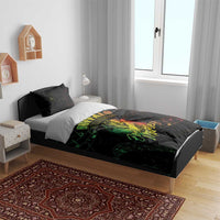 Black bedding set with duvet and two pillows, green “Buffalo Soldiers” and Bob Marley artwork