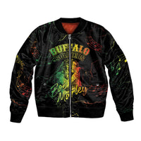 Black bomber jacket with full-zip front and colorful reggae portrait graphic