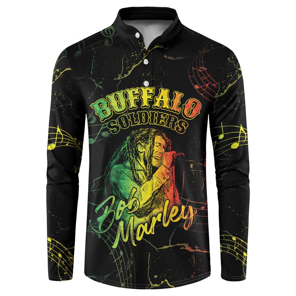 Black long-sleeve button sweatshirt with Buffalo Soldiers graphic and colorful music notes