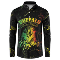 Black long-sleeve button sweatshirt with Buffalo Soldiers graphic and colorful music notes