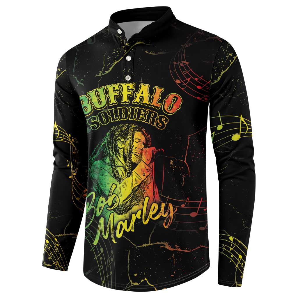 Black long-sleeve button sweatshirt with Buffalo Soldiers chest print and Marley-style script