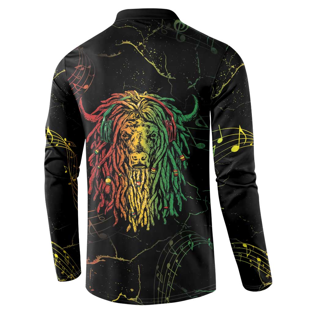 Black long-sleeve sweatshirt with colorful lion head graphic on the back and music notes