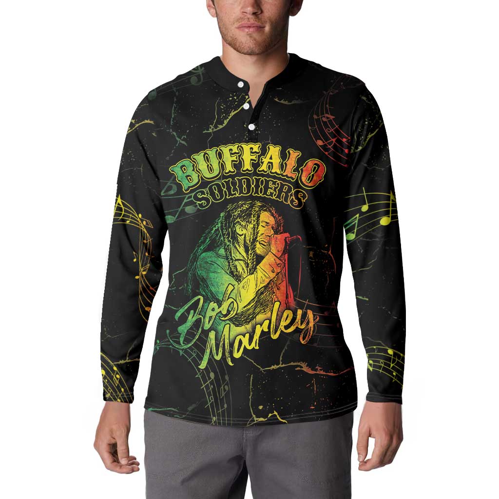 Black button sweatshirt with Buffalo Soldiers front graphic and yellow-green music-note details