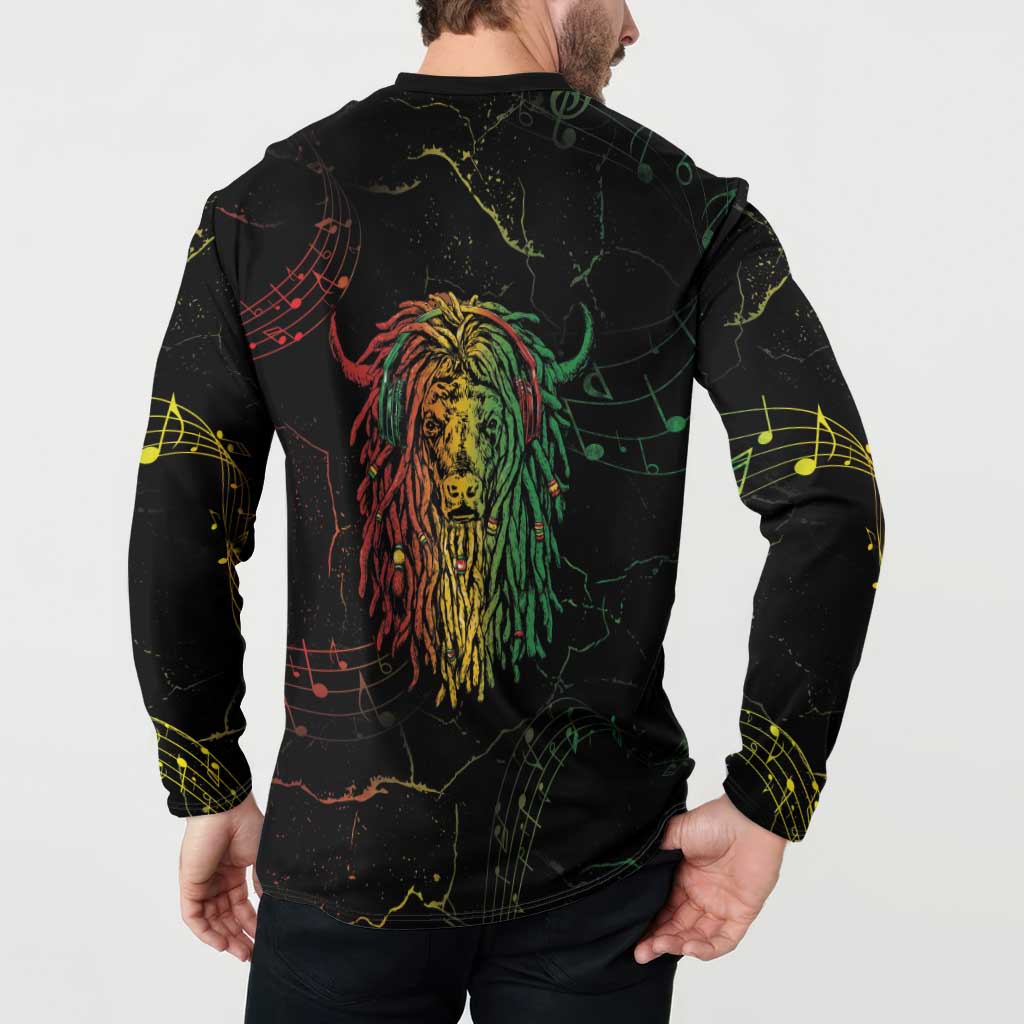 Black long-sleeve sweatshirt with back lion head graphic and multicolor music-note accents