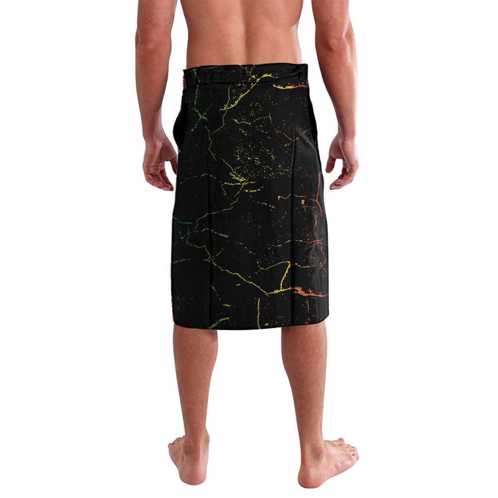 Black wrap sarong shorts with abstract neon line pattern and elastic waistband