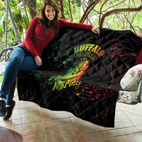 Black quilt with Buffalo Soldiers and Marley artwork, diamond quilting detail