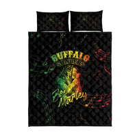 Black quilt bed set with two shams; Buffalo Soldiers logo and Bob Marley text