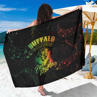 Black reggae king sarong with Buffalo Soldiers graphic and red/green music-note print