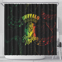 Black shower curtain featuring Buffalo Soldiers text, Bob Marley portrait, and colorful notes