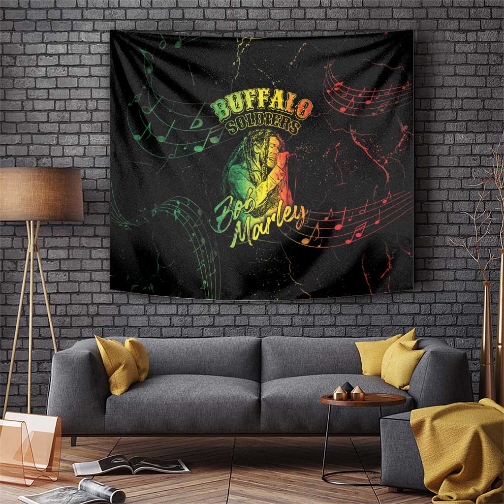 Black rectangular tapestry with Buffalo Soldiers and Bob Marley lettering, portrait, music notes