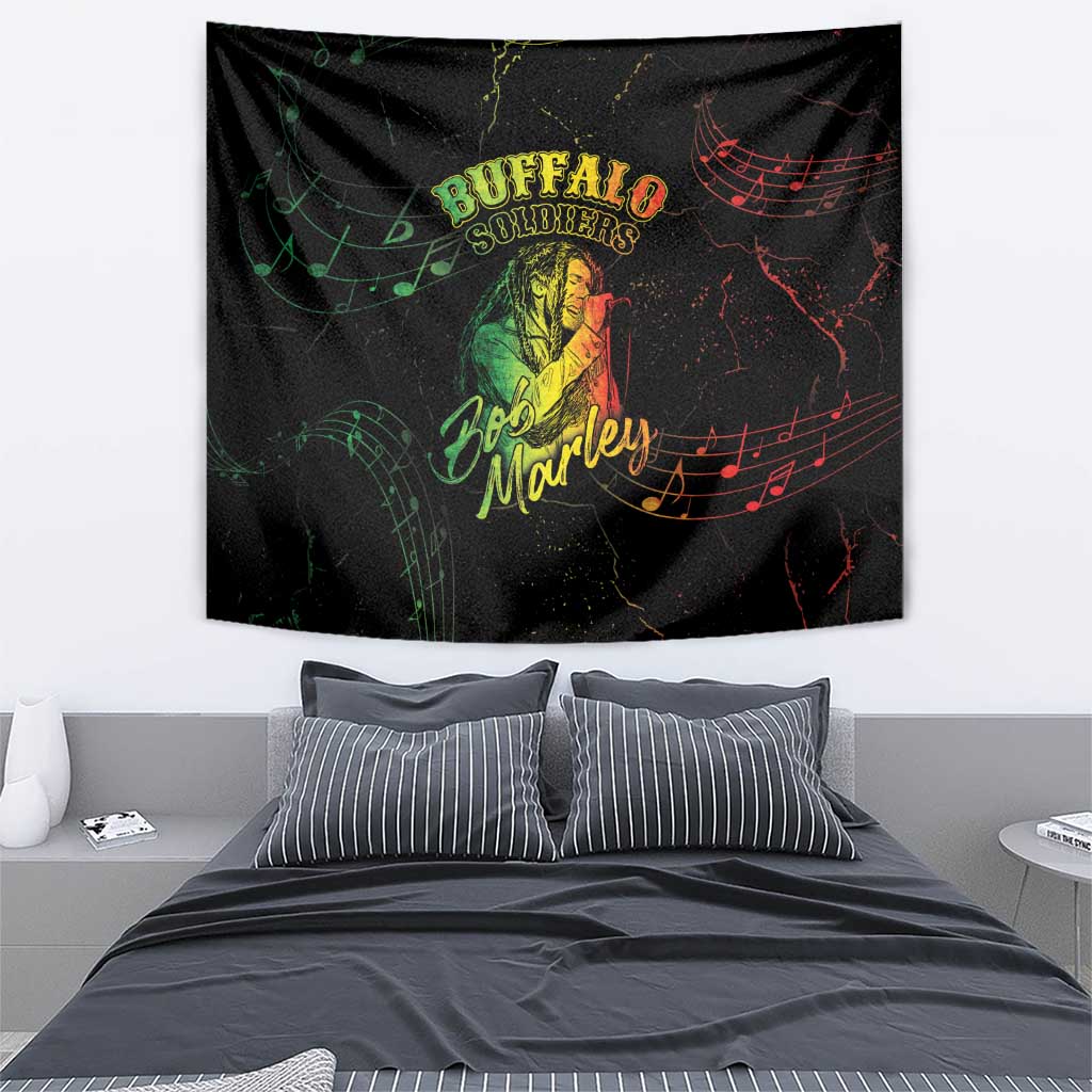Black tapestry with Buffalo Soldiers and Bob Marley text and colorful music note lines