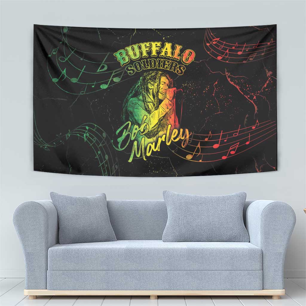 Black tapestry with Buffalo Soldiers logo, Bob Marley script, and green wave-like music lines