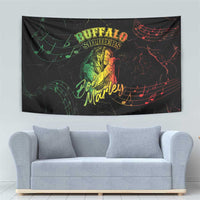 Black tapestry with Buffalo Soldiers logo, Bob Marley script, and green wave-like music lines