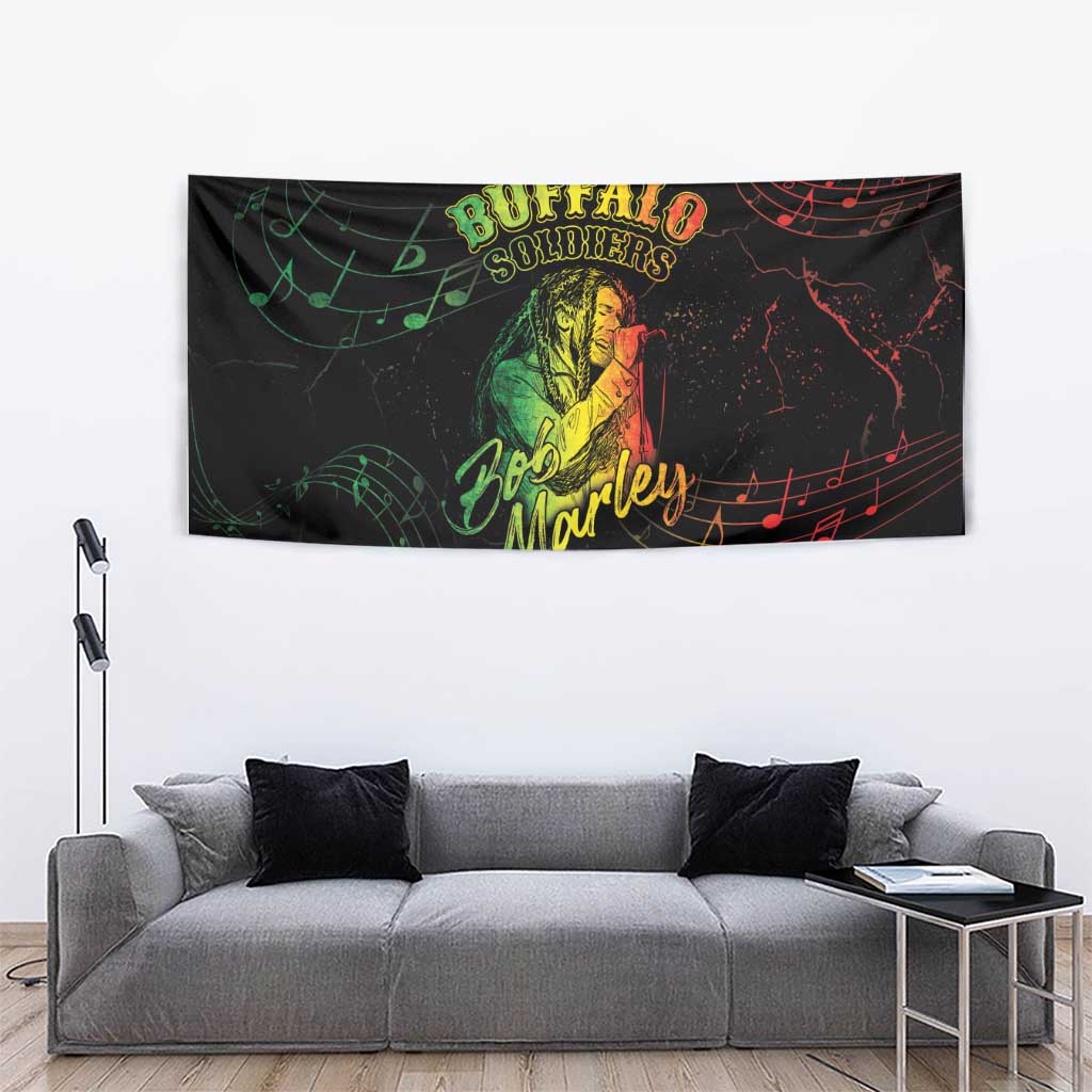 Black tapestry with centered Bob Marley portrait, Buffalo Soldiers text, and multicolor music notes