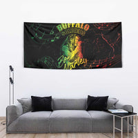 Black tapestry with centered Bob Marley portrait, Buffalo Soldiers text, and multicolor music notes