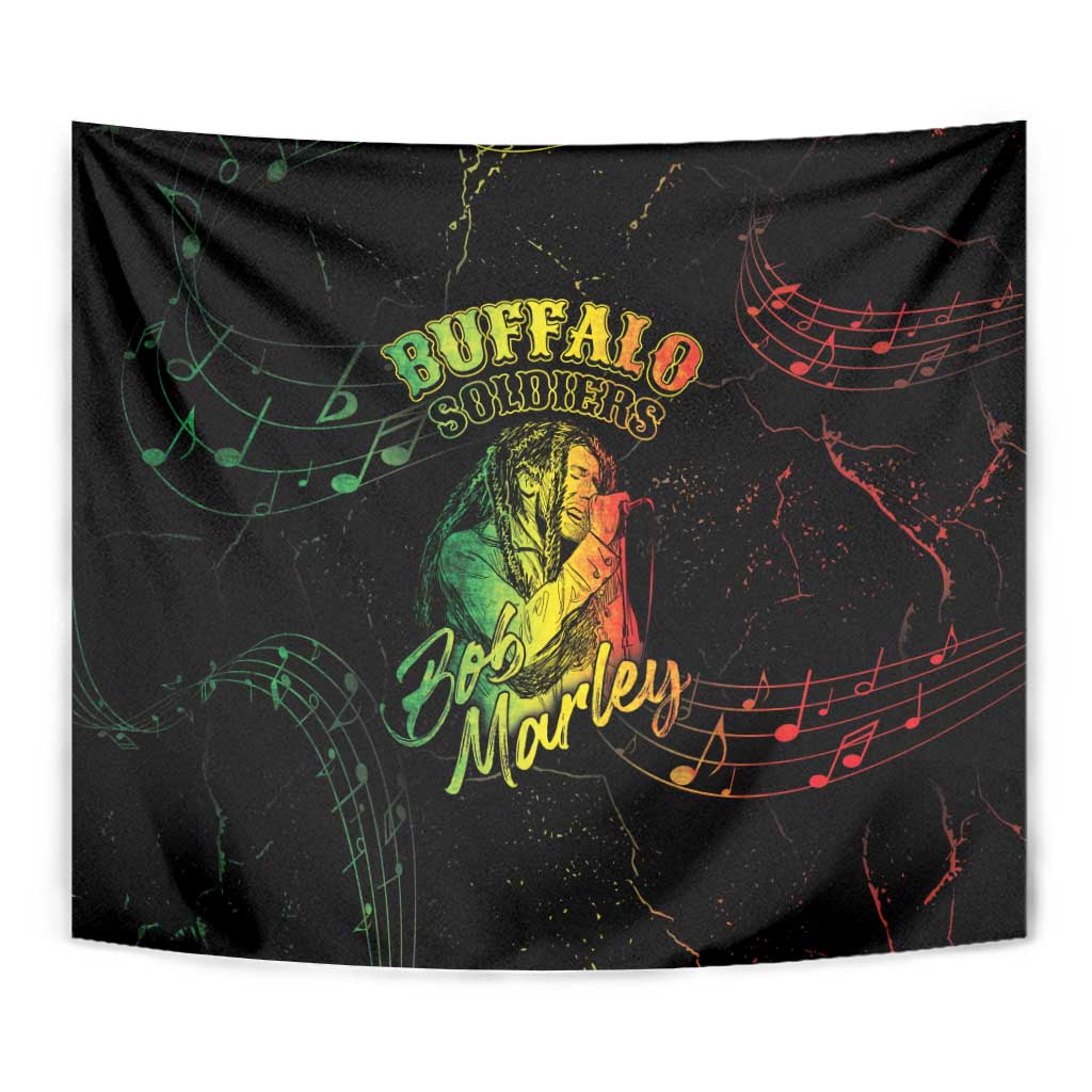 Black tapestry close view with Buffalo Soldiers title, Bob Marley script, and red orange notes