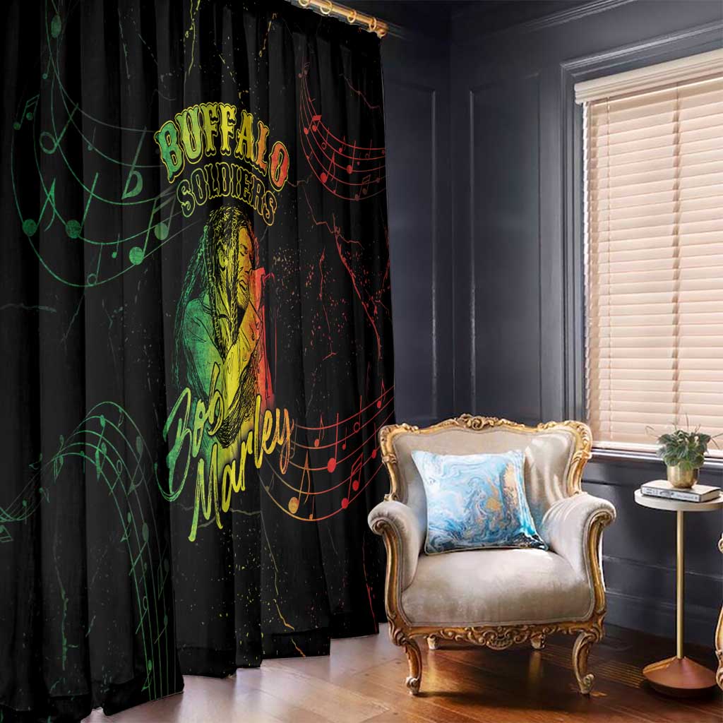 Black Buffalo Soldier window curtain with colorful music notes and portrait artwork, hanging panels
