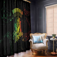Black Buffalo Soldier window curtain with colorful music notes and portrait artwork, hanging panels
